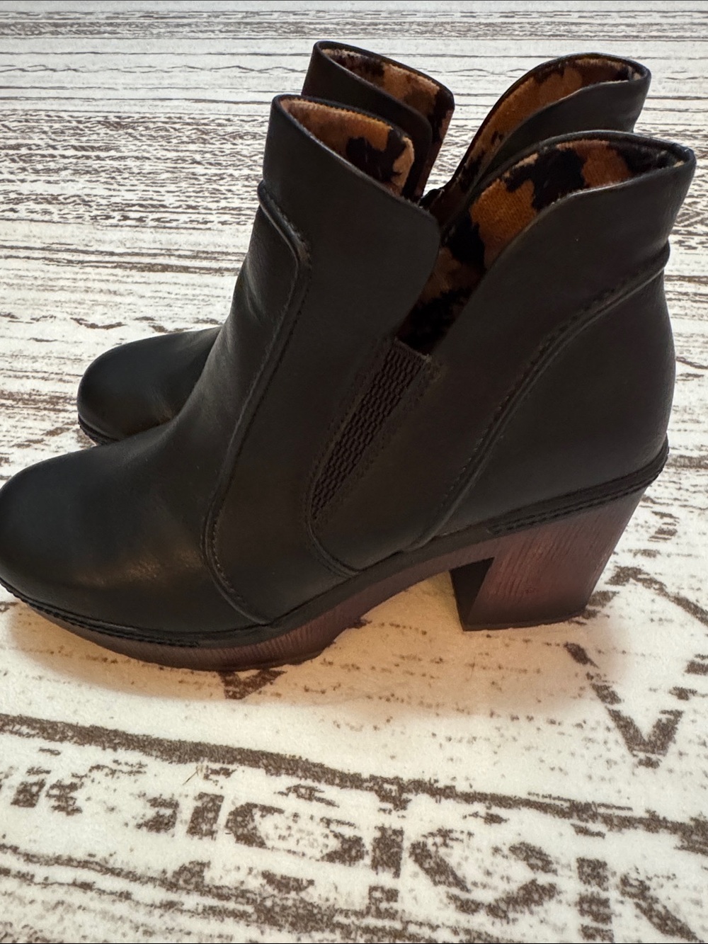 Kork-Ease Black Leather Ankle Booties with Brown Wood Block Heel